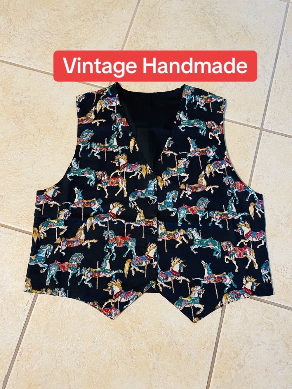 Womans Handmade Vintage Black Carousel Horse print Vest